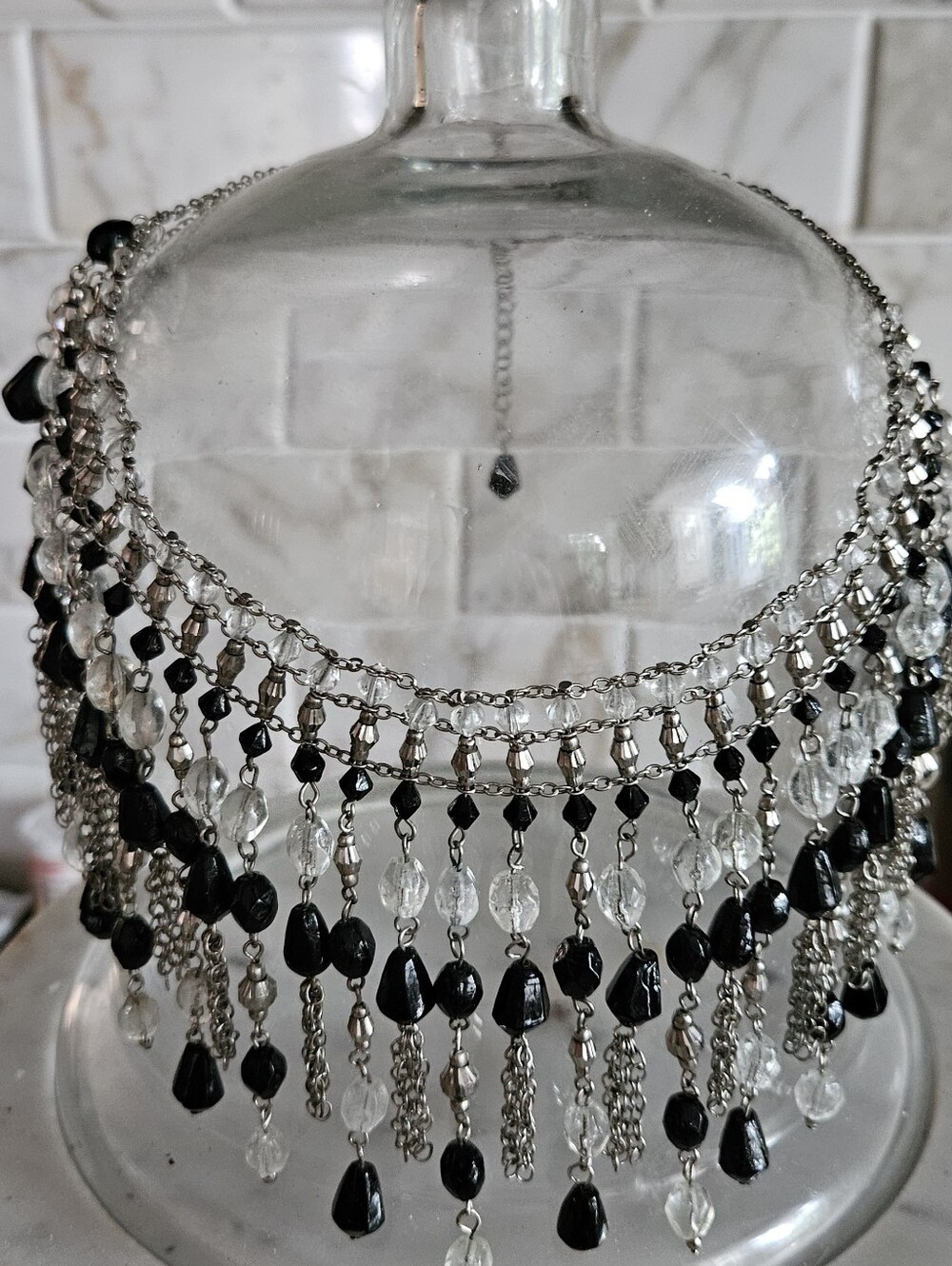 Elegant Black & Clear Beaded Fringe Necklace Vintage